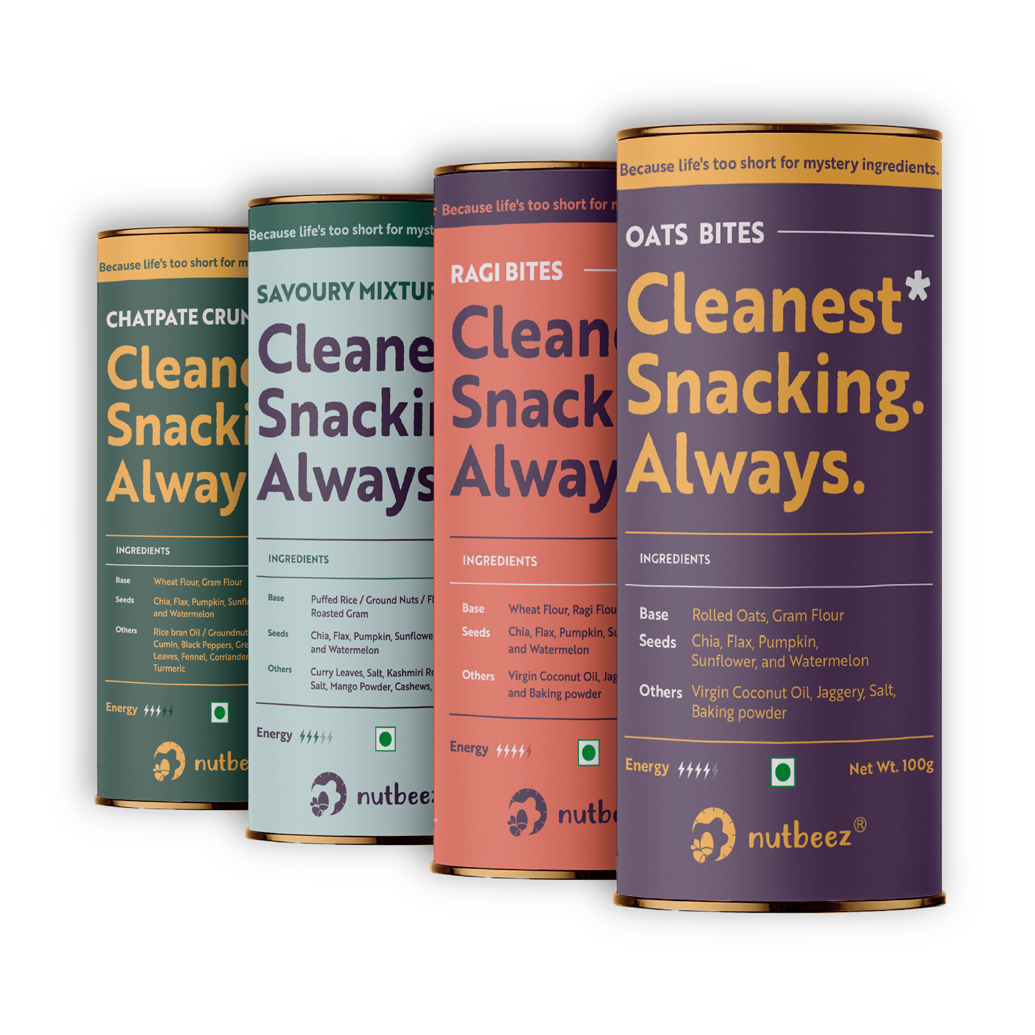Assosrted Pack of 4 nutbeez snacks 1.nutbeez Oats Bites 2.nutbeez Ragi Bites3.nutbeez Chatpate Crunchers 4.nutbeez Savoury Mixture|Protein Rich|Guilt Free Clean Snacking| Power of 5 Seeds| Chai ke dost| Preservative Free