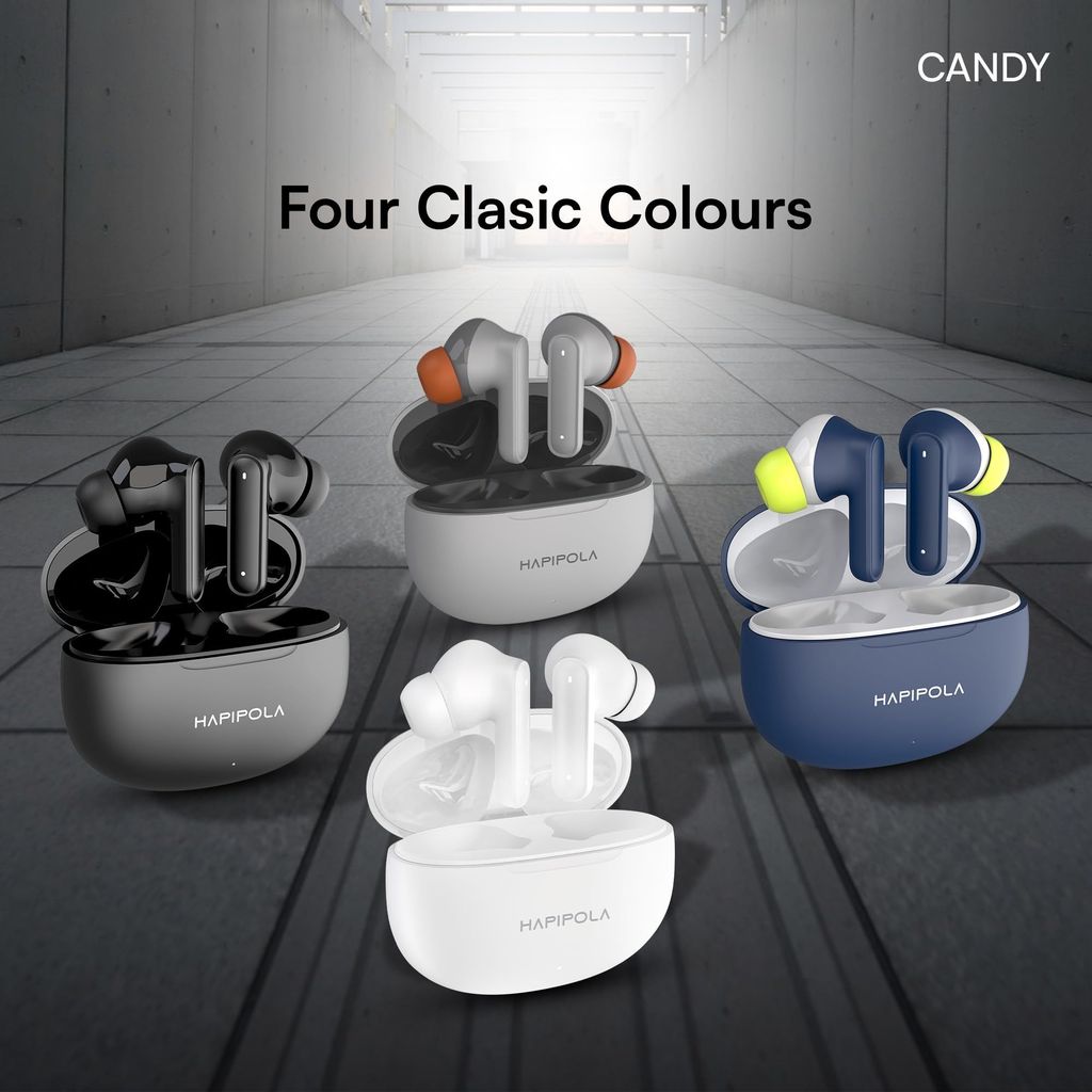 HAPIPOLA TWS Candy Immersive Audio | Ai-ENC | Bluetooth v5.2 13mm Driver | 100 Hours Stand-by 23 Hours Combined Playback | Touch Control Type C Interface | Good Bass
