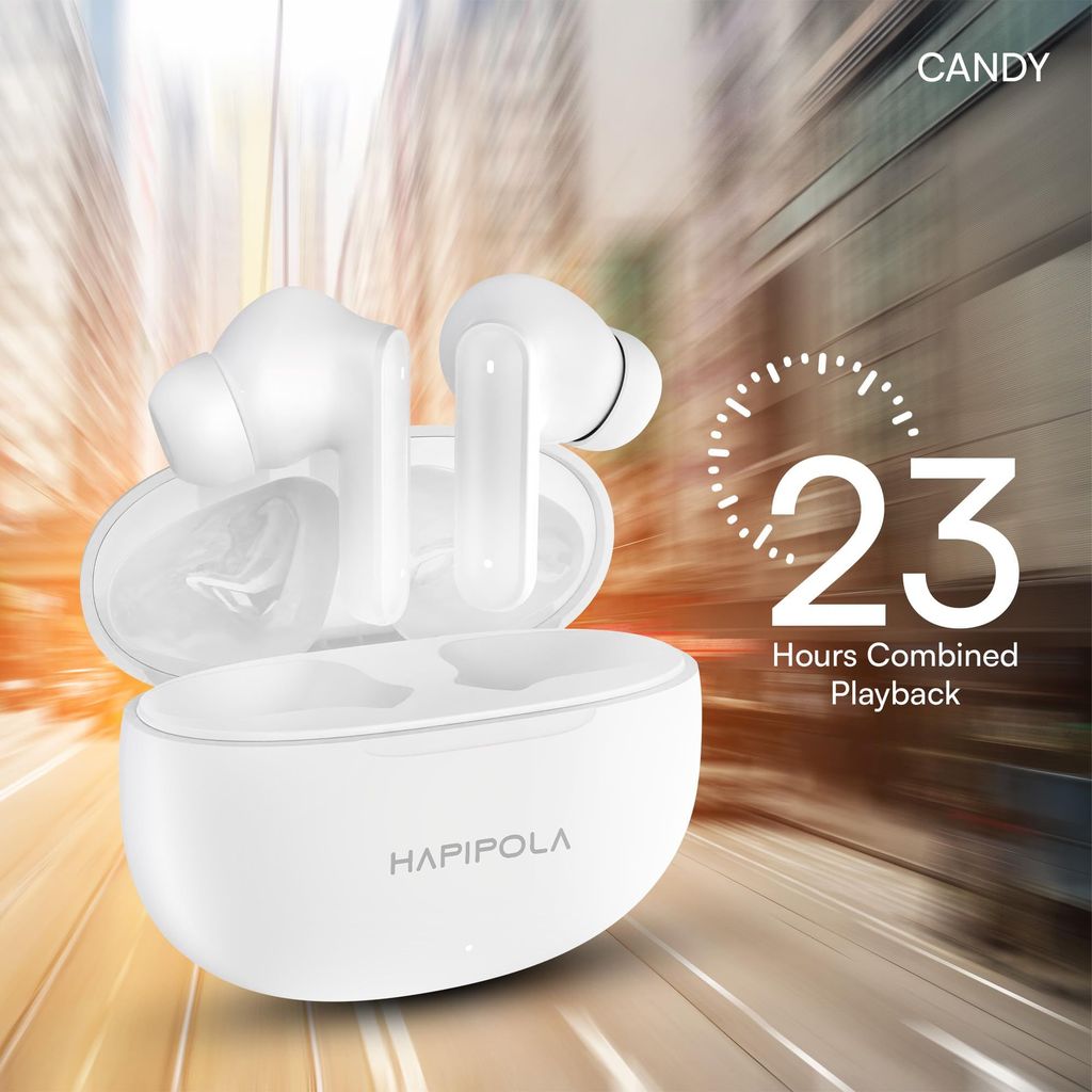 HAPIPOLA TWS Candy Immersive Audio | Ai-ENC | Bluetooth v5.2 13mm Driver | 100 Hours Stand-by 23 Hours Combined Playback | Touch Control Type C Interface | Good Bass