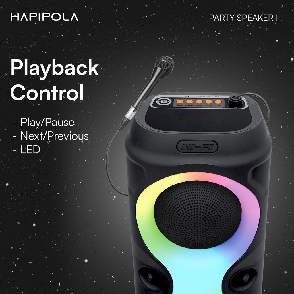 HAPIPOLA Party Speaker I 30W Multi-Media Bluetooth Party Speaker with Wired Mic for Karaoke Portable Bluetooth Speaker, RGB LED Light, Wireless Music