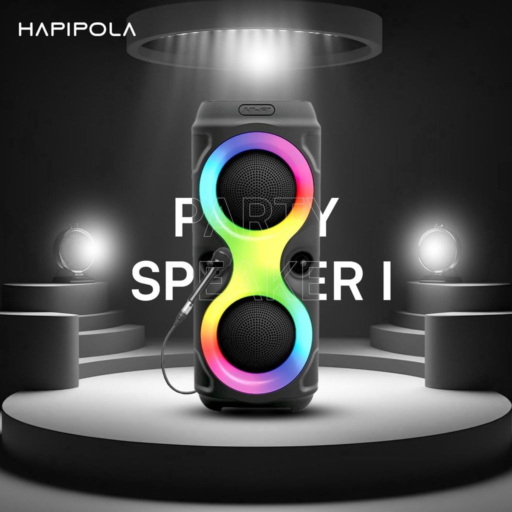 HAPIPOLA Party Speaker I 30W Multi-Media Bluetooth Party Speaker with Wired Mic for Karaoke Portable Bluetooth Speaker, RGB LED Light, Wireless Music