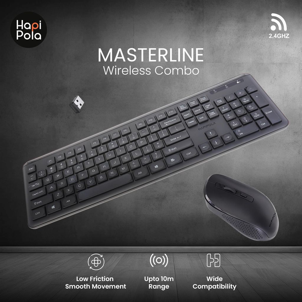 HAPIPOLA Combo 1 MASTERLINE Wireless CHICKLET Keyboard and Mouse Set | 2.4 Ghz Plug-and-Play Simplicity Slim Keystrokes Full Size Silent Mouse and Keyboard