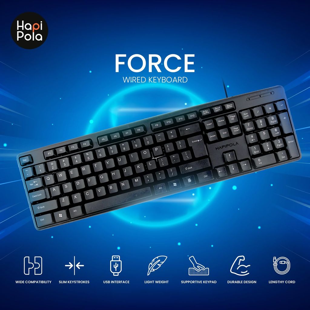 HAPIPOLA Keyboard Force Wired Multimedia Keyboard | Wired USB Supportive Keypad Slim Keystrokes Durable Design Length Cord