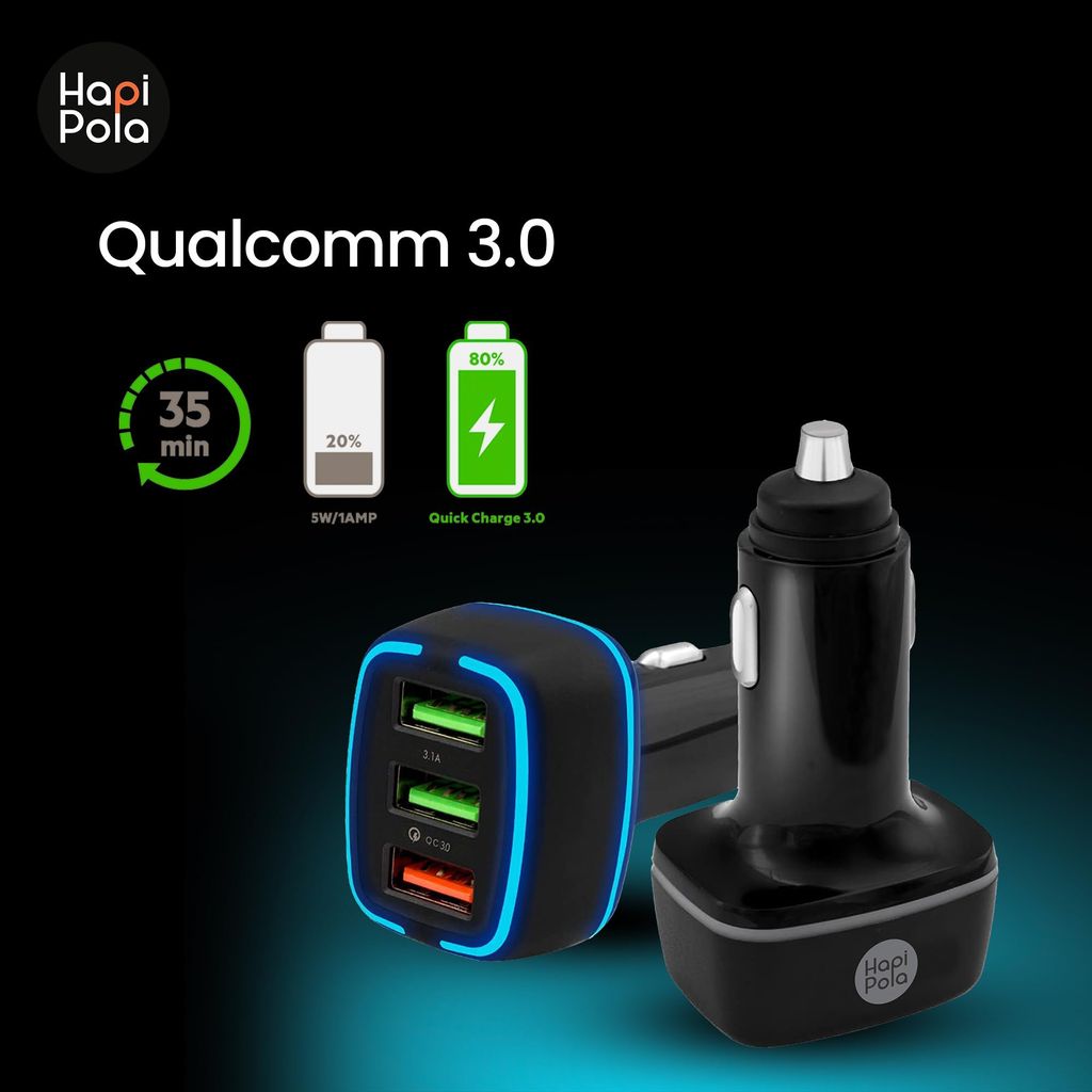 HAPIPOLA Trio 30W Fast Car Charger with Dual Output, Quick Charge 2USB Port, Wide Compatibility for Smart Phones