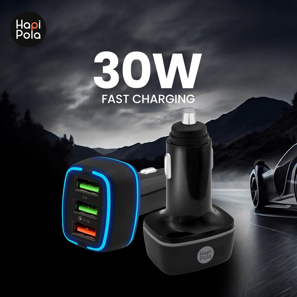 HAPIPOLA Trio 30W Fast Car Charger with Dual Output, Quick Charge 2USB Port, Wide Compatibility for Smart Phones