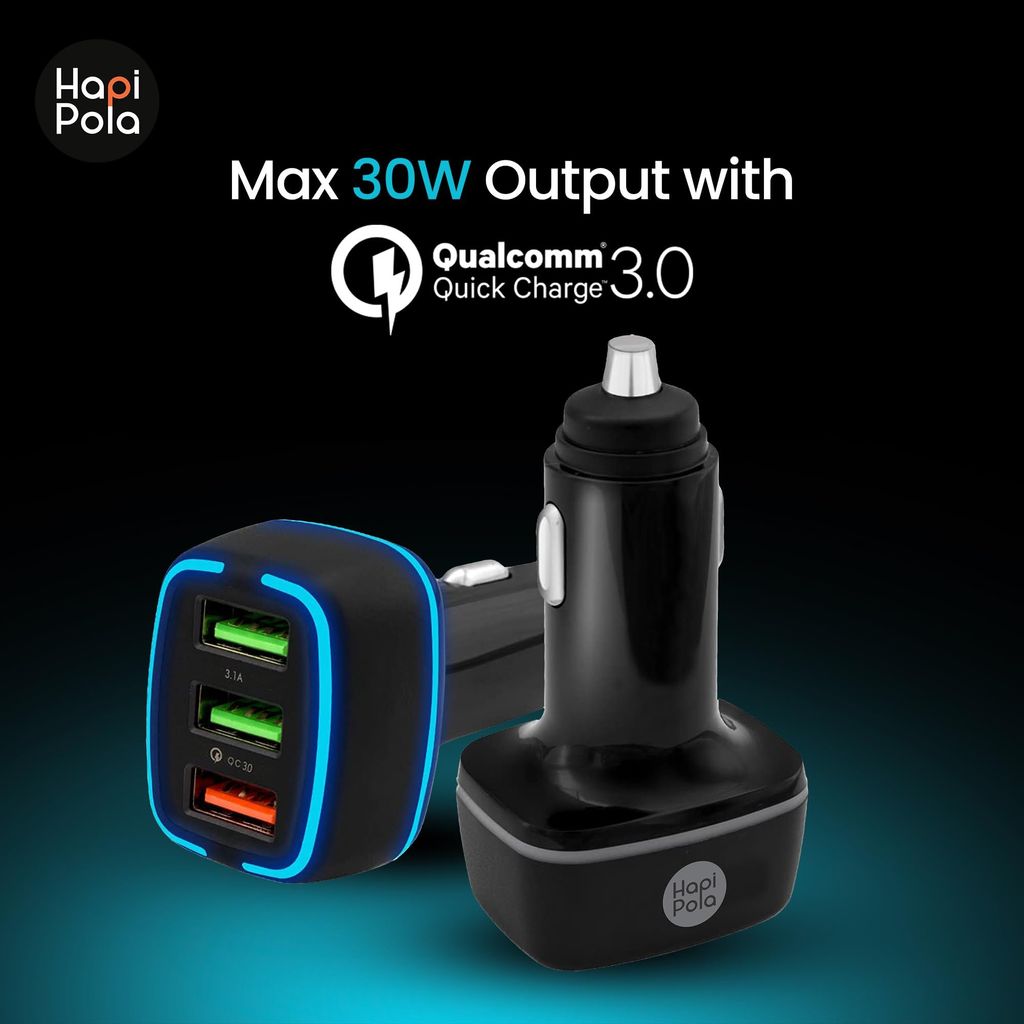 HAPIPOLA Trio 30W Fast Car Charger with Dual Output, Quick Charge 2USB Port, Wide Compatibility for Smart Phones