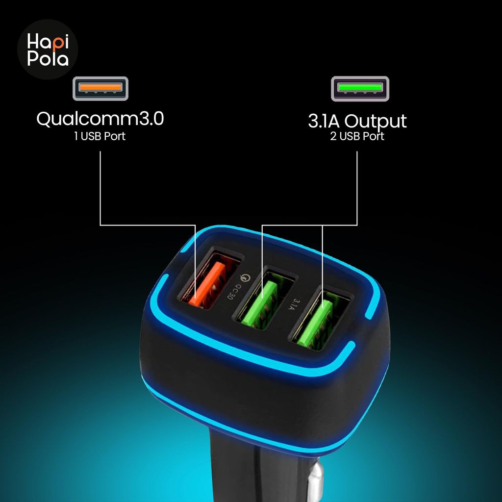 HAPIPOLA Trio 30W Fast Car Charger with Dual Output, Quick Charge 2USB Port, Wide Compatibility for Smart Phones