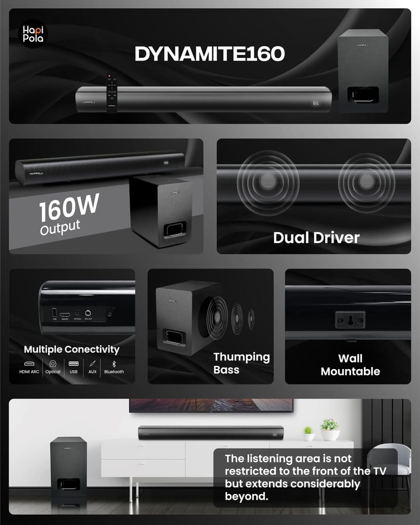 HAPIPOLA Dynamite 160 | Soundbar Home Theater | 2.1CH Soundbar with Subwoofer | Home Audio Speakers | Home Audio