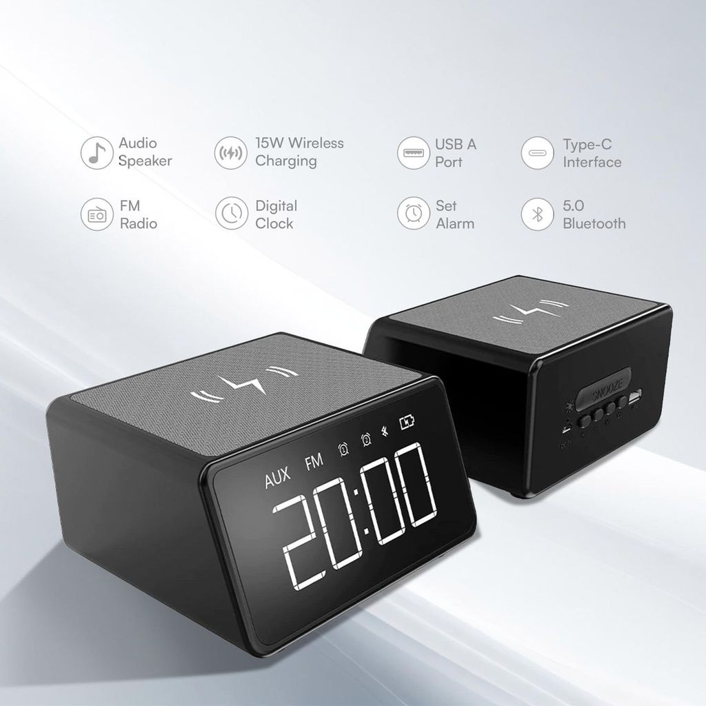 HAPIPOLA BLUETOOTH SPEAKER WING | Immersive Audio | Good Bass | Light Weight 4 hours Playback | Digital Clock 15W Wireless Charging | Set Alarm FM Radio | 5.0 Bluetooth