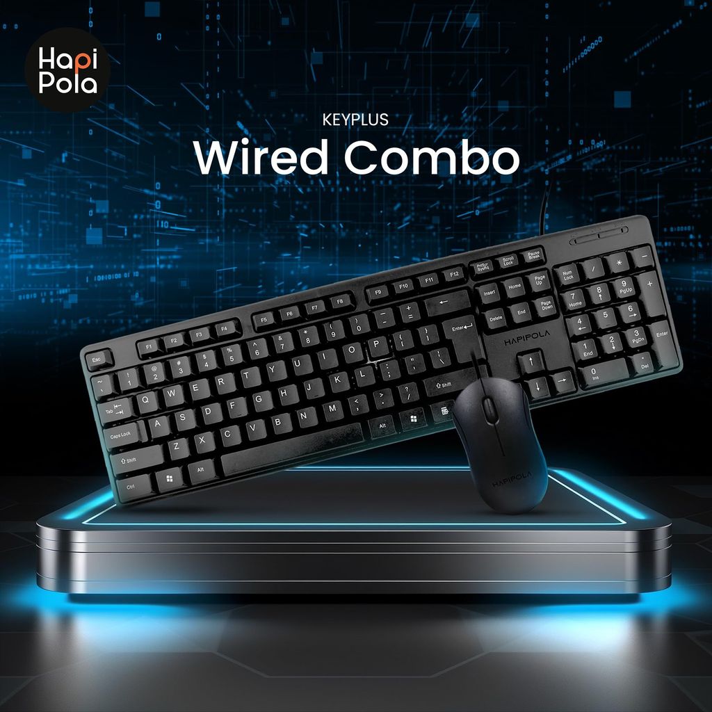 HAPIPOLA COMBO2 KEYPLUS WIRED MULTIMEDIA KEYBOARD with MOUSE | Slim Keystrokes Supportive Keypad 800 DPI 2 Million Clicks 3 Buttons Lengthy Cord