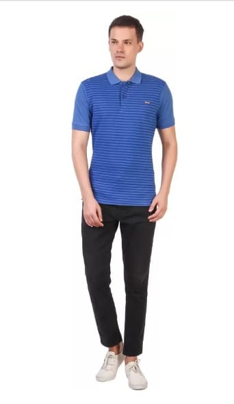 Men Striped Polo Neck Poly Cotton Blue T-Shirt
