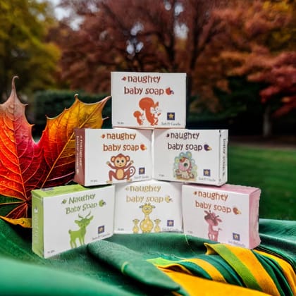 Pack of 6x75 gm naughty baby soft & gentle soap bar with Badam Oil and Rakhta Chandan. Pack of 6x75 gm naughty baby soft & gentle soap bar with Badam Oil and Rakhta Chandan.