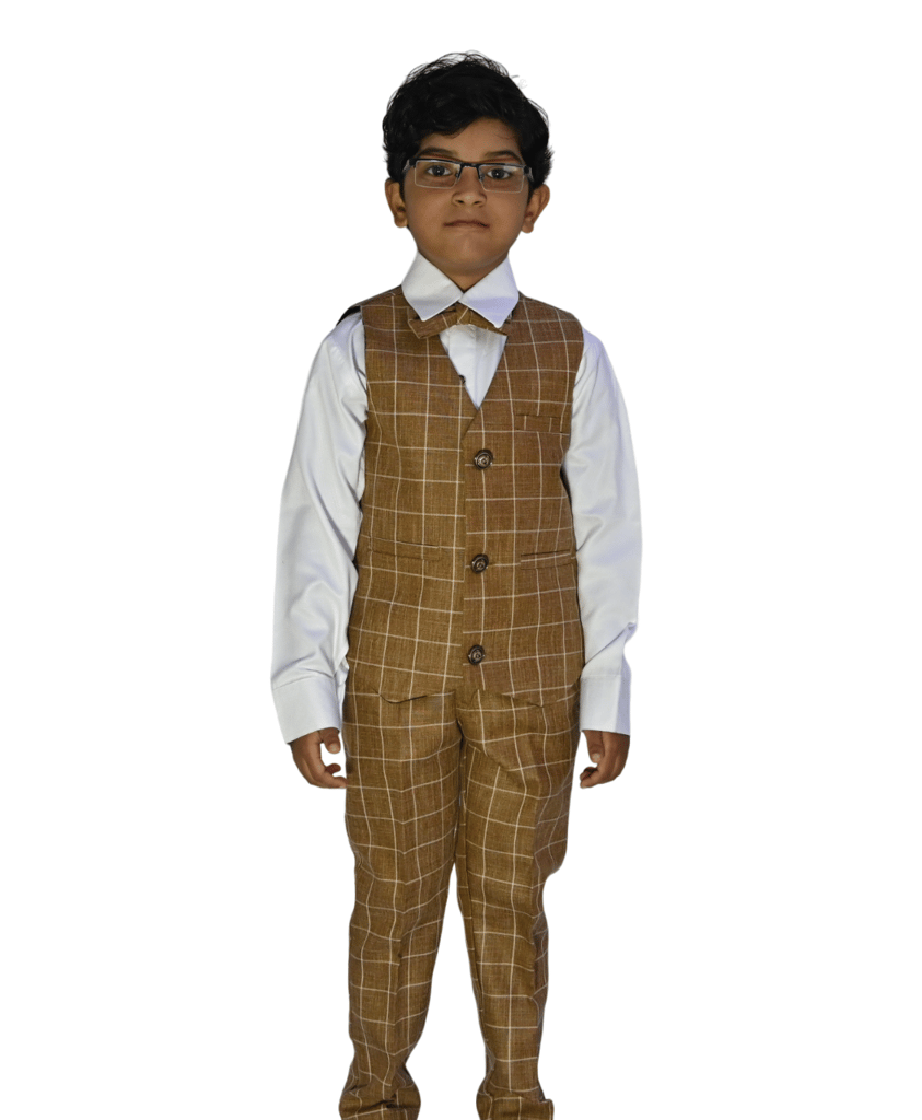 JOYHAAT Kids Boy's 5 Piece Coat Suit For Party/Formal/Wedding/Festival With Brown Color/ Set Of Full White shirt, Pant, Waistcoat, Coat & Bow