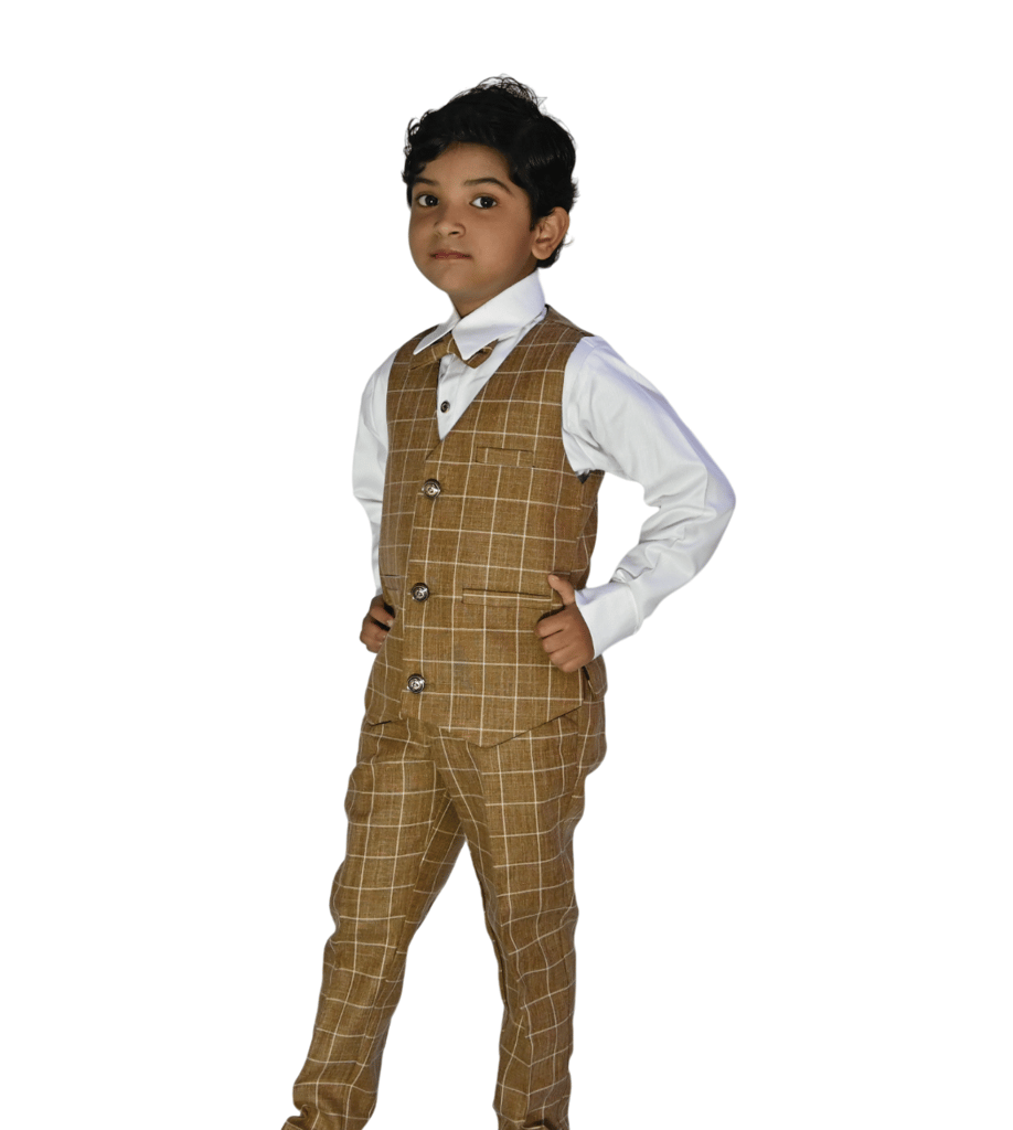 JOYHAAT Kids Boy's 5 Piece Coat Suit For Party/Formal/Wedding/Festival With Brown Color/ Set Of Full White shirt, Pant, Waistcoat, Coat & Bow