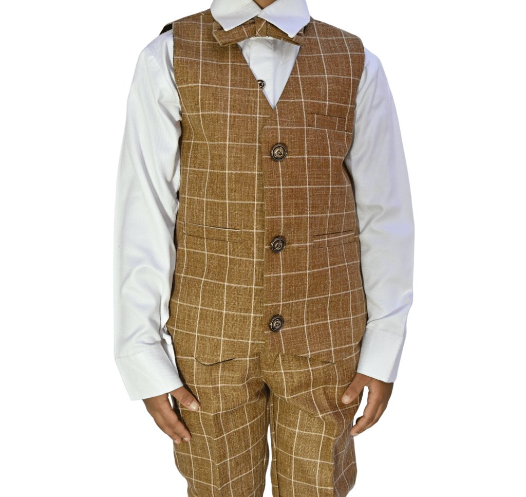 JOYHAAT Kids Boy's 5 Piece Coat Suit For Party/Formal/Wedding/Festival With Brown Color/ Set Of Full White shirt, Pant, Waistcoat, Coat & Bow