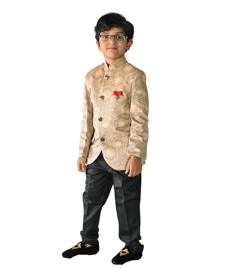 JOYHAAT Kids Boy's Stylish Jodhpuri Coat Suit For Party/Festival/Wedding/Formal With Fawn Color/ Set Of Coat and Black Pant