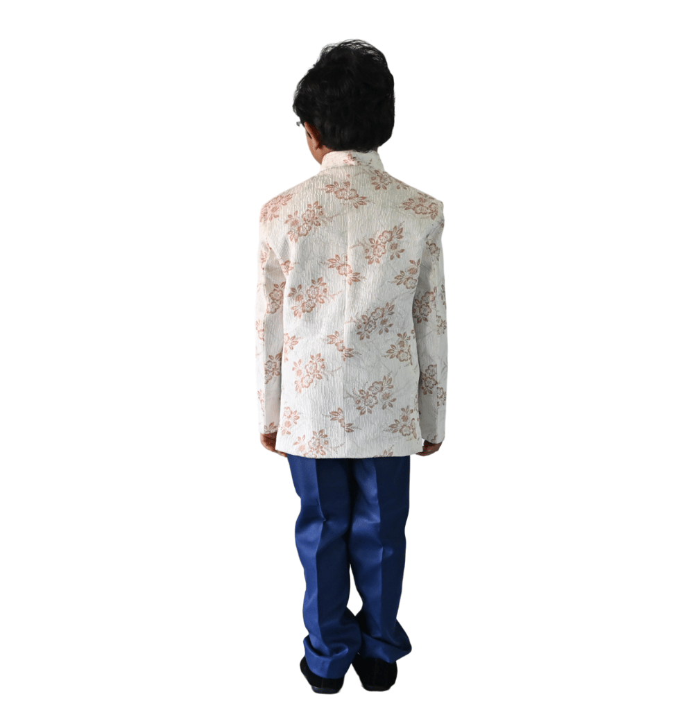 JOYHAAT Kids Boy's 2 Piece Jodhpuri Embroidered Tuxedo Coat Suit With White Color For Party/Formal/Festival/Wedding/ Set Of Jodhpuri Coat Suit and Blue Pant