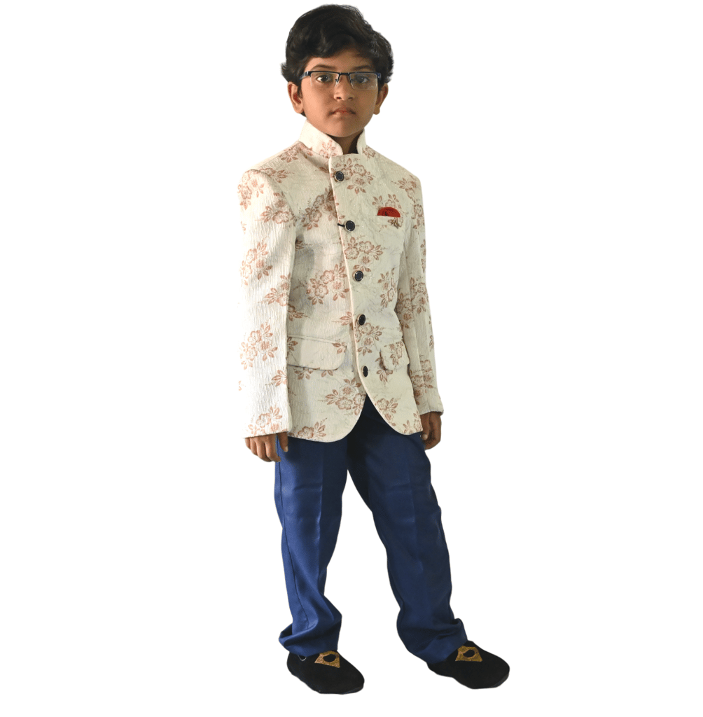 JOYHAAT Kids Boy's 2 Piece Jodhpuri Embroidered Tuxedo Coat Suit With White Color For Party/Formal/Festival/Wedding/ Set Of Jodhpuri Coat Suit and Blue Pant