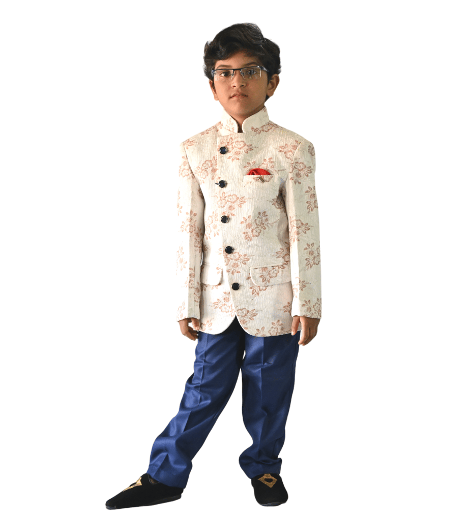 JOYHAAT Kids Boy's 2 Piece Jodhpuri Embroidered Tuxedo Coat Suit With White Color For Party/Formal/Festival/Wedding/ Set Of Jodhpuri Coat Suit and Blue Pant