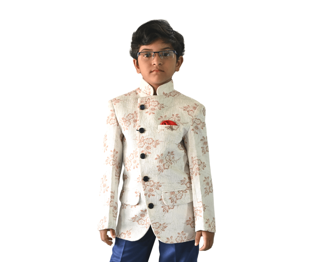 JOYHAAT Kids Boy's 2 Piece Jodhpuri Embroidered Tuxedo Coat Suit With White Color For Party/Formal/Festival/Wedding/ Set Of Jodhpuri Coat Suit and Blue Pant