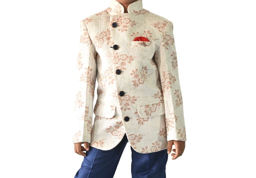 JOYHAAT Kids Boy's 2 Piece Jodhpuri Embroidered Tuxedo Coat Suit With White Color For Party/Formal/Festival/Wedding/ Set Of Jodhpuri Coat Suit and Blue Pant