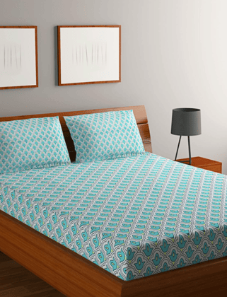 Suan bedsheet King Size Bed with 2 Pillow Cover Set 210 TC high Cotton 108 X 108 Inches (Geomatric (Green Blue), King)