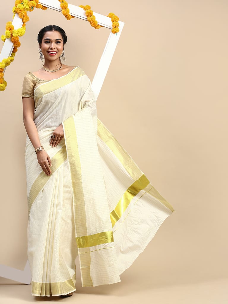 Kerala Saree Cream Gold Jari Border with Stripes self design KS89