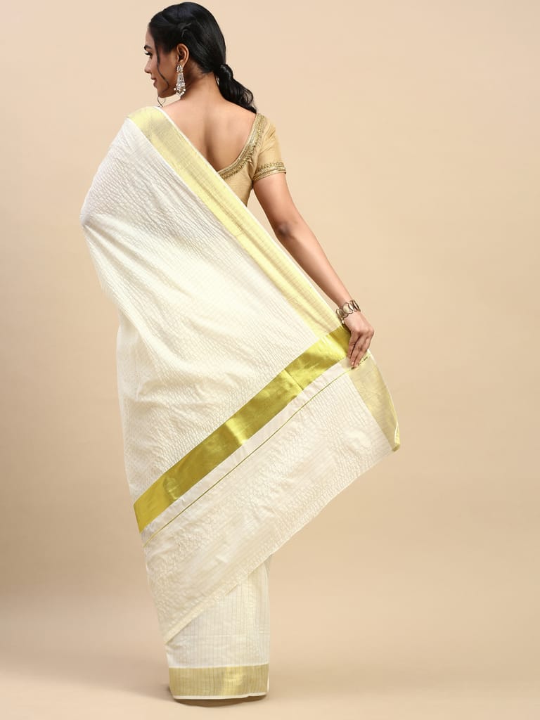 Kerala Saree Cream Gold Jari Border with Stripes self design KS89