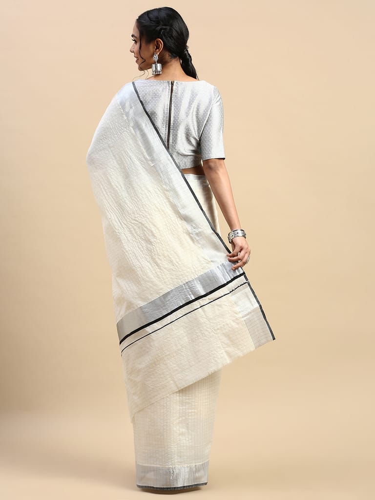 Kerala Saree Cream Silver & Black Colour Jari Border KS86