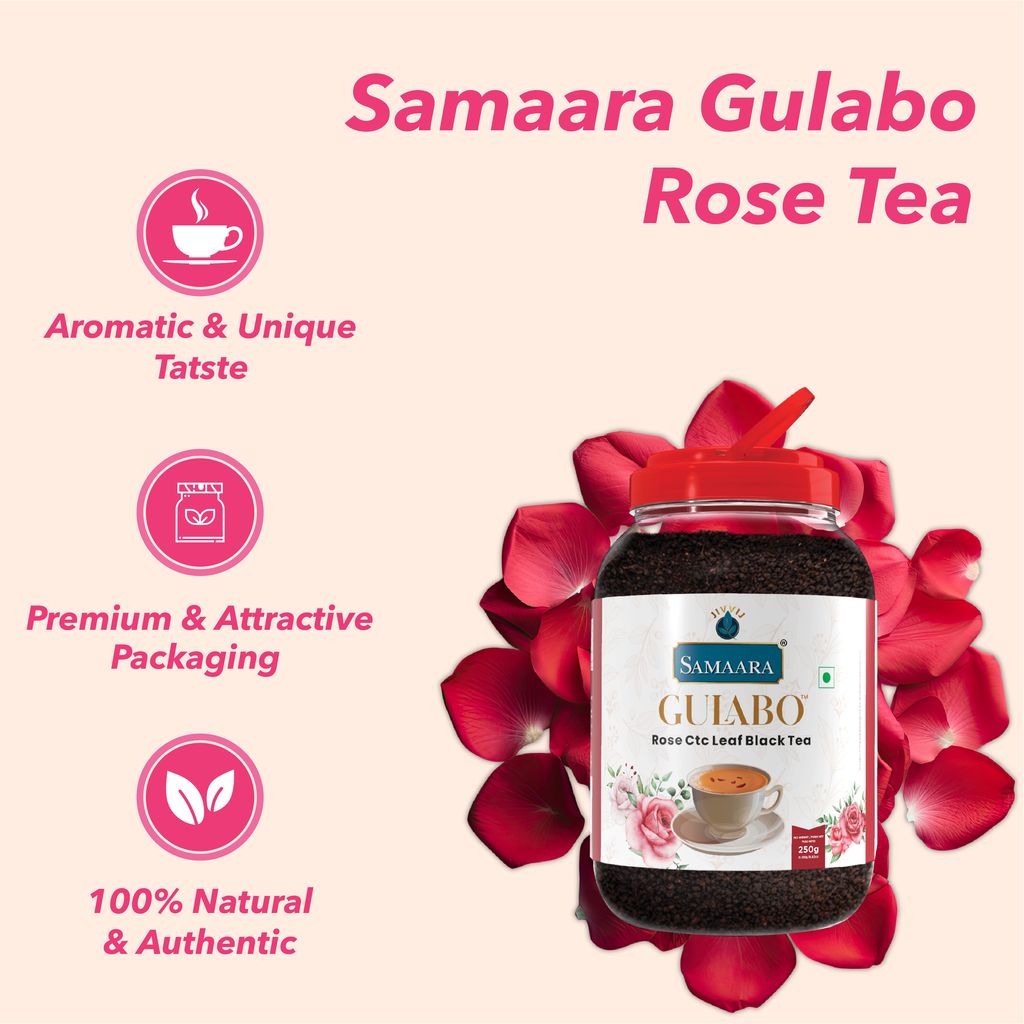 Jivvij Samaara Gulabo Rose Tea 250gm Jar | Premium Assam Ctc Black Leaf Tea | Rose Gulab Chai Patti | Strong Flavoured Tea Powder