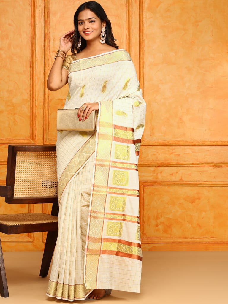 Kerala Cream Gold Jari Weaving Saree