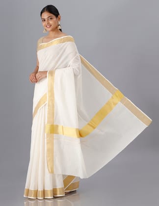 Kerala Cream Gold Jari Plain Saree