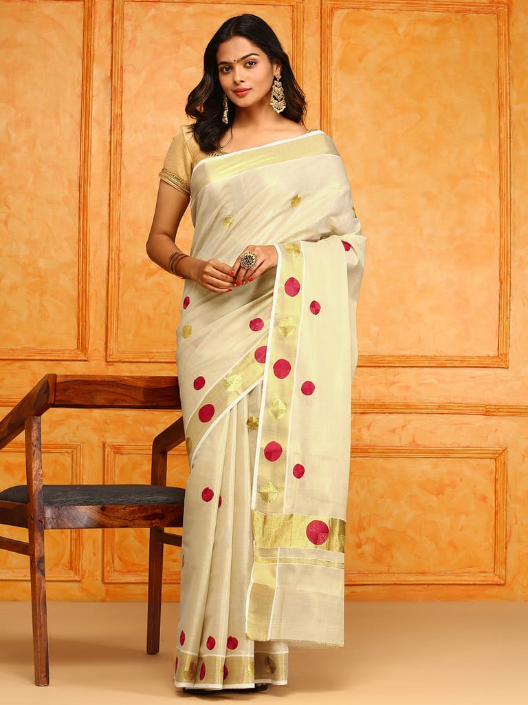 Kerala Cream Gold Jari Weaving Saree