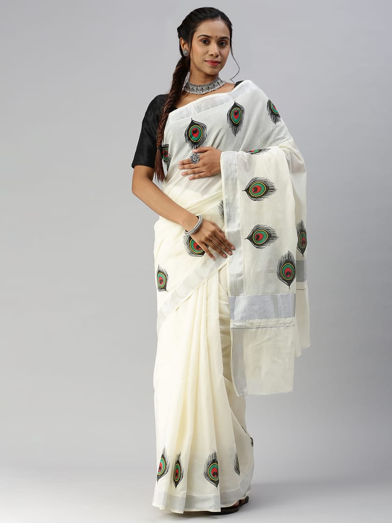 Womens Off White Kerala Peacock Feather Design Printed Silver Jari Saree OKS03