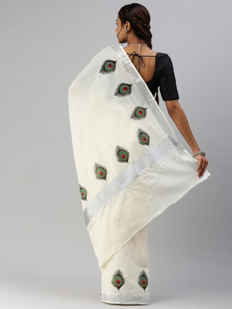 Womens Off White Kerala Peacock Feather Design Printed Silver Jari Saree OKS03