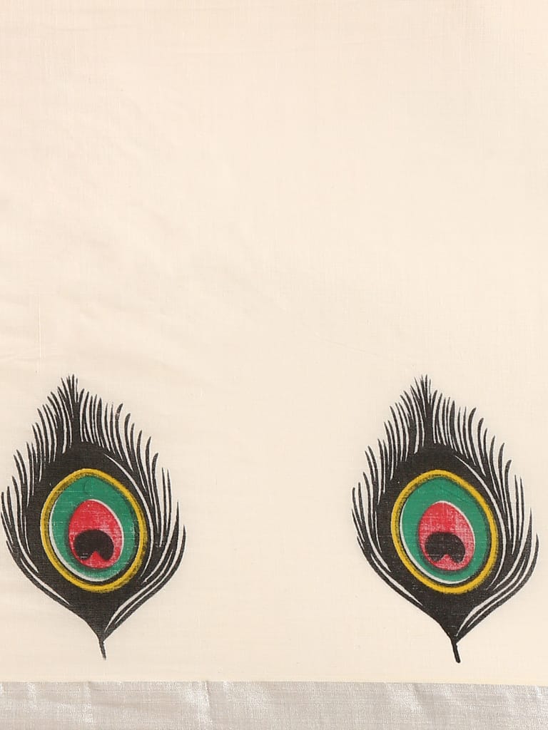 Womens Off White Kerala Peacock Feather Design Printed Silver Jari Saree OKS03