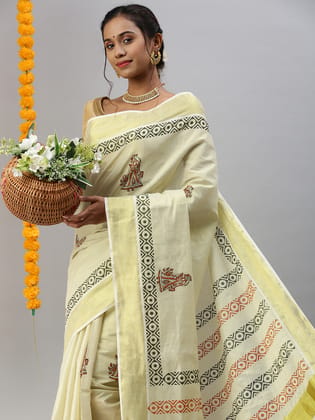 Womens Kerala Tissue Printed Gold Jari Border Saree OKS27