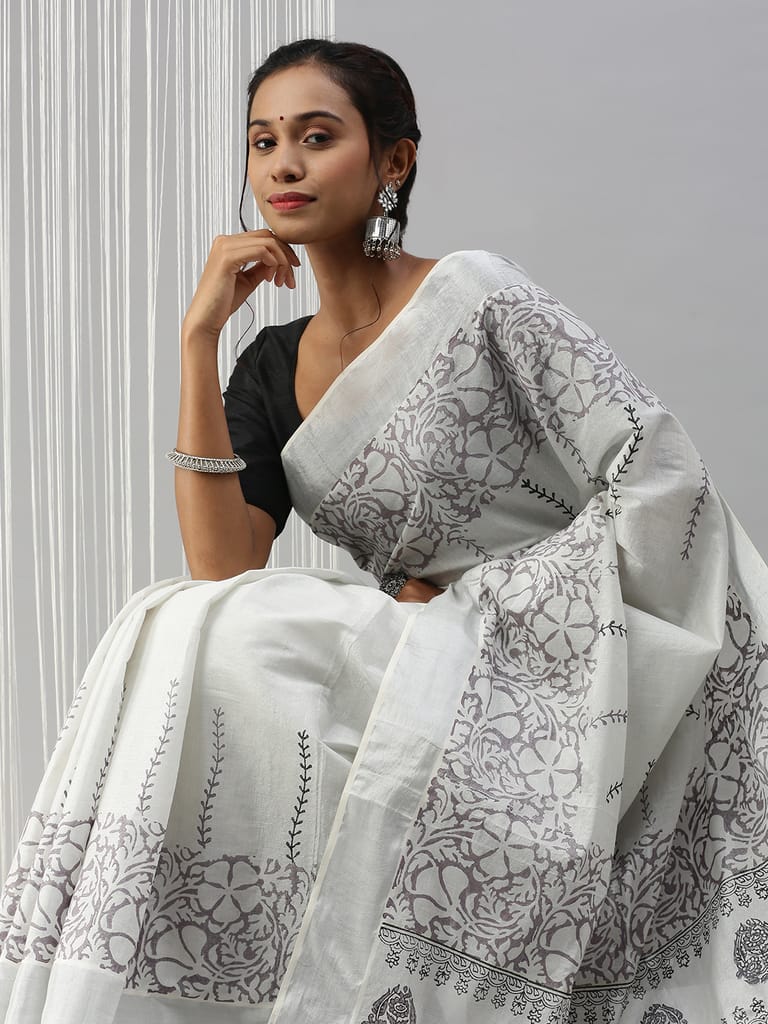 Womens Kerala Tissue Printed Silver Jari Border Saree OKS34