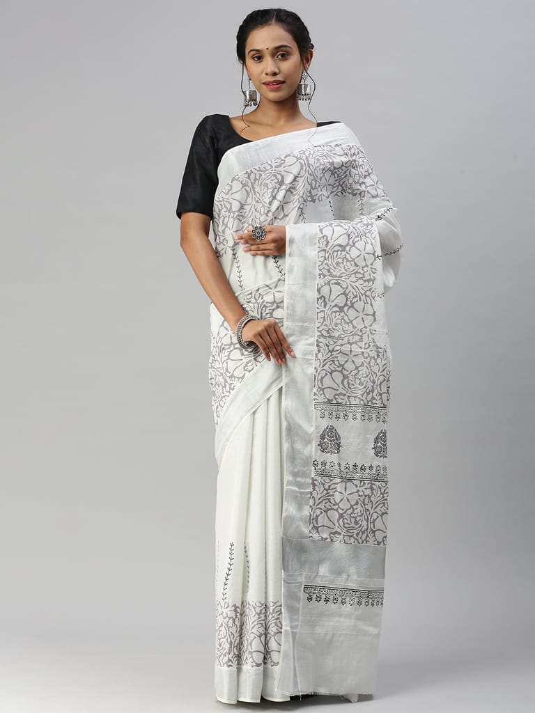 Womens Kerala Tissue Printed Silver Jari Border Saree OKS34