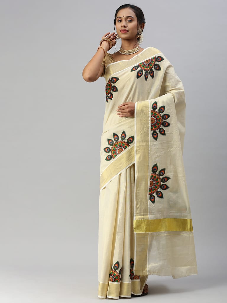 Womens Kerala Tissue Peacock Feather Printed Gold Jari Border Saree OKS35