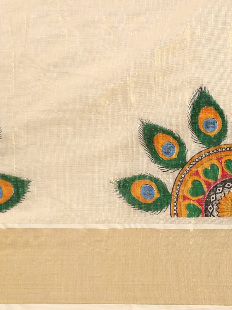 Womens Kerala Tissue Peacock Feather Printed Gold Jari Border Saree OKS35