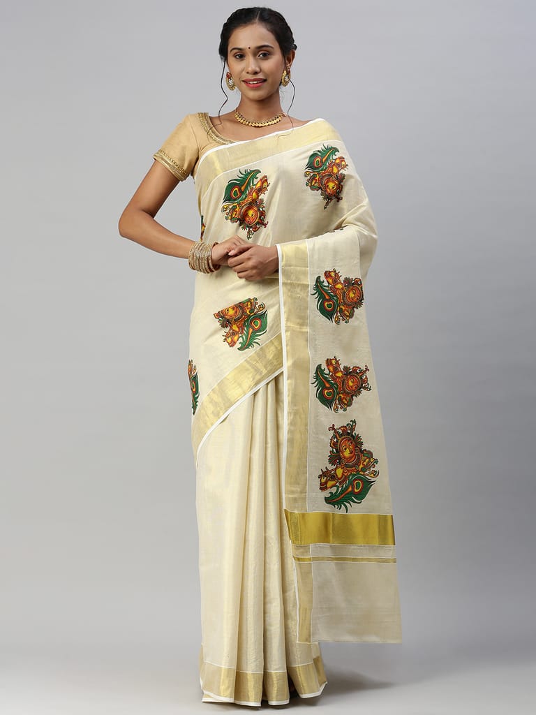 Womens Kerala Tissue Krishna with Flute Printed Gold Jari Border Saree OKS37