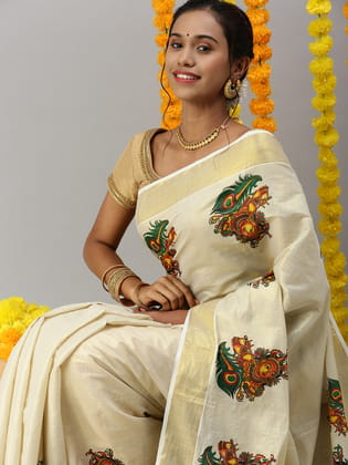 Womens Kerala Tissue Krishna with Flute Printed Gold Jari Border Saree OKS37