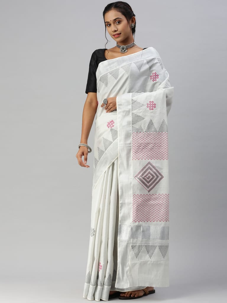 Womens Kerala Tissue Printed Silver Jari Border Saree OKS38