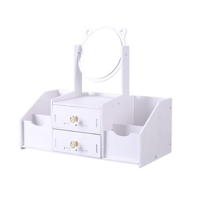 KTRS Enterprise Wooden Desktop Storage Box DIY Detachable Assembly Cosmetic Mirror Household Double Drawer Compartment Cosmetic Storage Mirror