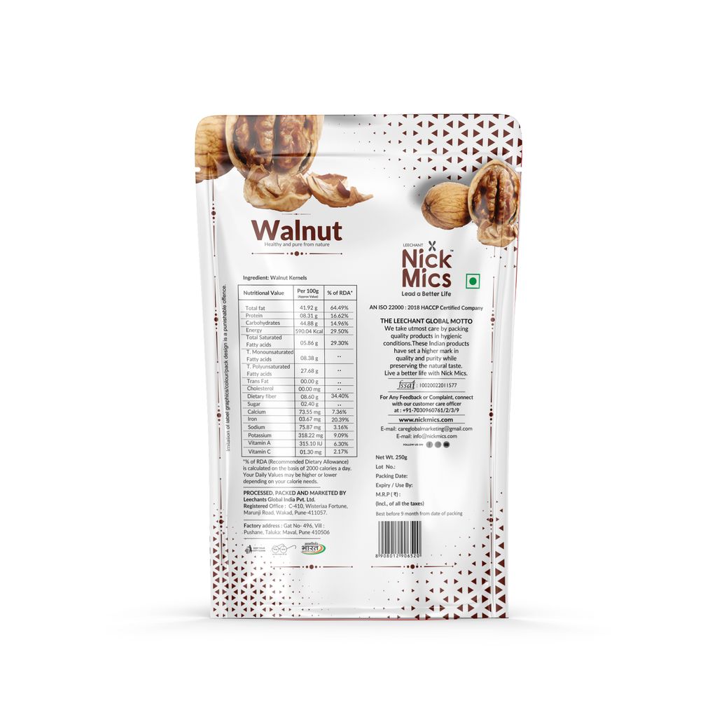 Nickmics Walnut 250 gm | Akhrot |Natural Akhrot | No Preservatives | No Additives | Gluten Free | Vegan | Plant Based | Non GMO | Walnuts Dry Fruit | Walnuts Without Shell | Dry fruits