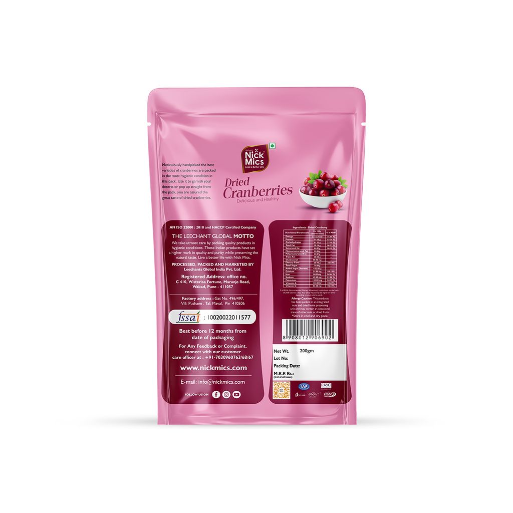 Nickmics Dried Cranberries 200gm | quality cranberries High Antioxidants | Dietary Fiber & No Gluten | Antioxidant Rich | Immunity Booster | Healthy Snack for kids and adult |