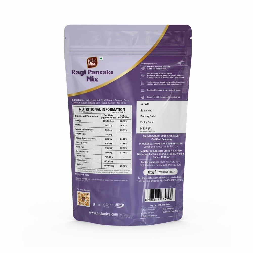 Nickmics Ragi Pancake Mix | Healthy Breakfast for Kids & Adults | Natural And Healthy Food, 100% | High Plant Protein | Low Carbs | Low GI Millet Grain | No Refined Sugar
