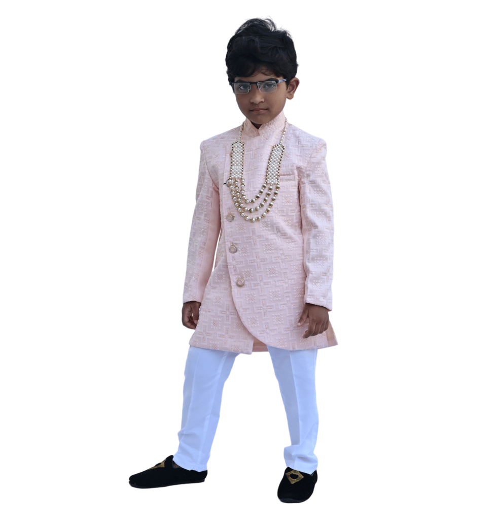 JOYHAAT Kids Boy's Indo western Stylish Party/Wedding/Festival Dress/Ethnic Sherwani Set With Peach Chikan Embroidered Kurta, White Pyjama And Pearl Necklace