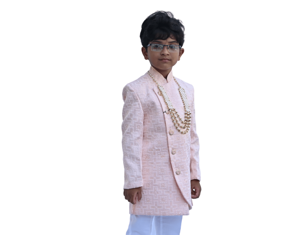 JOYHAAT Kids Boy's Indo western Stylish Party/Wedding/Festival Dress/Ethnic Sherwani Set With Peach Chikan Embroidered Kurta, White Pyjama And Pearl Necklace